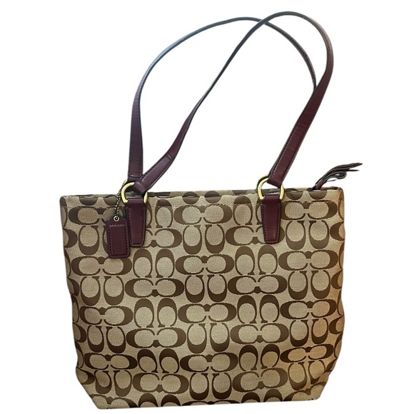 Coach Signature Stripe Khaki Brown Canvas Tote Bag Burgundy Leather Trim F28504 - Picture 2 of 11